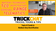 video thumbnail with yellow background and inset image of a man in a video conference and headline for Topics & Trends in Medium-Duty Electrification.