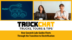 Thumbnail for Truck Chat: Trucks, Tours & Tips video series with inset top left graphic looking like an EV and inset top right photo of two women and headline How Sawatch Labs Guides Fleets