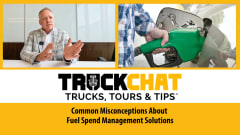 TruckChat video thumbnail with inset businessman top left, hand pumping fuel top right, and headline for Common Misconceptions About Fuel Spend Management Solutions.