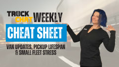 Lauren Fletcher stands beside the Truck Chat Weekly Cheat Sheet graphic highlighting van updates, pickup lifespan trends, and small fleet stress.