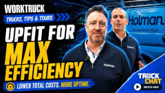Promotional graphic for Work Truck’s “Trucks, Tips & Tours” featuring two Holman representatives discussing fleet upfitting solutions, with bold text reading “Upfit for Max Efficiency” and messaging about lowering costs and increasing vehicle uptime.