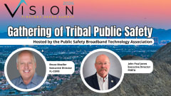 Promotional graphic for the 2026 Vision FirstNet Users Summit featuring the session “Gathering of Tribal Public Safety,” with speakers Bruce Moeller of FL-CEMS and John Paul Jones of the Public Safety Broadband Technology Association.
