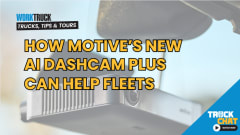 Video thumbnail showing background image of a dash cam, headline How Motive's New AI Dashcam Plus Can Help Fleets, and logos for Work Truck and Truck Chat.