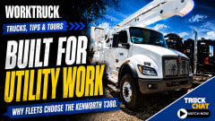 Work Truck Trucks, Tips & Tours YouTube thumbnail featuring a Kenworth T380 bucket truck with the headline “Built for Utility Work,” promoting why utility fleets choose the Kenworth T380, with a Truck Chat “Watch Now” button.