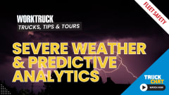 Stormy dark background image with headline Severe Weather & Predictive Analytics and logos for Work Truck and Truck Chat.