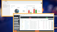 Two computer screenshots with graphs and spreadsheet against a blue background