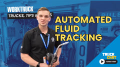 Man holding a hose and nozzle that dispenses oil, against a tinted blue background of a work area, with headline Automated Fluid Tracking, and logos for Work Truck and Truck Chat.
