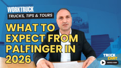 Man talking with hands outstretched in front of a room that is tinted blue, headline What to Expect from Palfinger in 2026, and logos for Work Truck and Truck Chat.