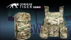 Two chest rig packs in camo in front of a blue themed SWAT background and a logo for Tasmanian Tiger.