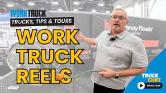 Man pointing to metal reels with headline Work Truck Reels and logos for Work Truck and Truck Chat.