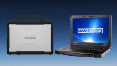 image of one closed laptop and one open laptop with Toughbook logo on screen, all against a blue gradient background