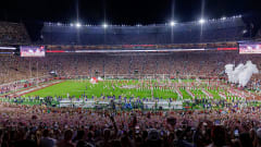 Fans cheer at Saban Field at Bryant-Denny Stadium during a football game at The University of Alabama. 