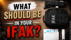 Black small medical bag with supplies and a tourniquet at right on a wood table and a large headline at left What Should Be In Your IFAK?