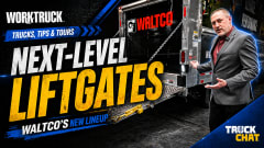 Image standing by a truck and talking about an extended liftgate, logos for Work Truck and Truck Chat, and yellow headline WALTCO's New Liftgates.