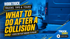 YouTube thumbnail featuring a blue-toned vehicle collision scene between a passenger car and a large commercial van or truck. Bold yellow and white text reads “WHAT TO DO AFTER A COLLISION” with smaller text below stating “4 STEPS FOR FLEET DRIVERS TO FOLLOW.”