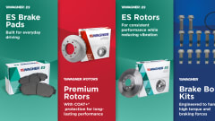 Graphic featuring Wagner ES brake pads, premium rotors, ES rotors and brake bolt kits for small fleet pickups, vans and passenger vehicles.
