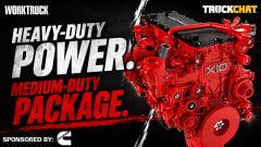Promotional graphic for a TruckChat video featuring the bright red Cummins X10 engine on a black background with bold text reading “Heavy-Duty Power. Medium-Duty Package.” Sponsored by Cummins.