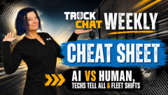 Lauren Fletcher poses beside a bold “Truck Chat Weekly Cheat Sheet” graphic featuring headlines about AI, technician insights, and fleet industry changes against a moving truck background.