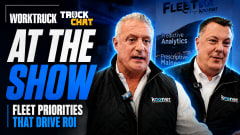 Work Truck Truck Chat promotional graphic featuring two representatives from Kooner Fleet Management Solutions discussing fleet ROI, predictive analytics, preventive maintenance, and fleet priorities at a trade show.