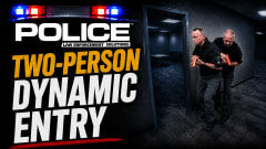 Promotional graphic for Police Magazine video series episode featuring “Two-Person Dynamic Entry” training. Two tactical officers move through a dark hallway with training pistols, while police lights and bold instructional text dominate the scene.