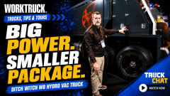 Thumbnail image for Work Truck’s “Trucks, Tips & Tours” featuring a Ditch Witch W8 hydro vac truck and presenter on a trade show floor. Bold text reads “Big Power. Smaller Package.” alongside a Truck Chat “Watch Now” button.