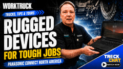 Promotional image for Work Truck’s “Trucks, Tips & Tours” featuring Panasonic Connect North America rugged devices. A presenter holds a Toughbook laptop beneath a vehicle, alongside bold text reading “Rugged Devices for Tough Jobs” and a Truck Chat “Watch Now” button.