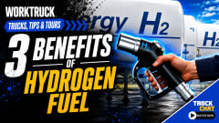 Promotional graphic for Work Truck’s “Trucks, Tips & Tours” highlighting three benefits of hydrogen fuel, featuring hydrogen storage tanks labeled H2 and a hand holding a hydrogen fuel nozzle beside bold educational text