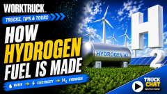Promotional graphic for Work Truck’s “Trucks, Tips & Tours” explaining hydrogen fuel production, featuring wind turbines, solar panels, a hydrogen storage tank labeled “Hydrogen H2,” and text showing water and electricity converted into hydrogen fuel.