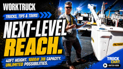 Promotional graphic for Work Truck’s “Trucks, Tips & Tours” video series episode featuring a PALFINGER aerial lift truck and presenter at an equipment expo. Bold text highlights “Next-Level Reach” with a 40-foot height and 1,000-pound jib capacity.
