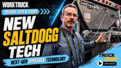 Promotional graphic for Work Truck’s “Trucks, Tips & Tours” featuring SaltDogg next-generation spreader technology. A presenter stands beside industrial salt spreading equipment with bold “New SaltDogg Tech” text and a Truck Chat “Watch Now” callout.