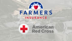 Farmers Insurance and American Red Cross logos displayed over storm and disaster damage imagery representing emergency recovery assistance efforts.