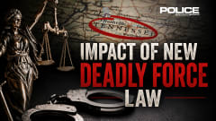 Graphic for a POLICE Magazine article on Tennessee’s new deadly force law, featuring Lady Justice, handcuffs, a Tennessee map with Nashville highlighted, and the headline “Impact of New Deadly Force Law.”