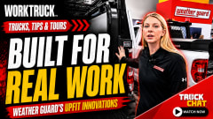 Promotional graphic for Work Truck’s “Trucks, Tips & Tours” series featuring Weather Guard. A woman stands beside an upfitted work truck, highlighting storage and equipment solutions under the headline “Built for Real Work.”