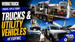 Promotional graphic for a Work Truck “Trucks, Tips & Tours” video featuring utility vehicles at EUFMC, including a tracked utility machine, bucket truck, crane-equipped truck, and service vehicles, with “Truck Chat” branding and a watch-now button.