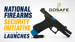 Graphic announcing the launch of the National Firearms Security Initiative, featuring the GoSafe logo, a partially disassembled handgun with blue safety components, and a key device, alongside bold blue and yellow headline text.