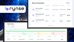 Screenshot of the Rynse fleet vehicle wash management platform, showing recent wash transactions, service costs, vehicle records, and wash history dashboards used to track, approve, and manage fleet cleaning services.