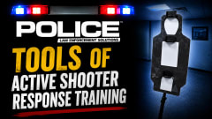Promotional graphic for Police Magazine YouTube video featuring flashing police lights, a reactive shooting target in a training room, and the headline “Tools of Active Shooter Response Training.”