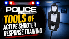 Promotional graphic for law enforcement training featuring a police vehicle with flashing lights, a humanoid shooting target, and bold text highlighting tools and equipment used for active shooter response training.