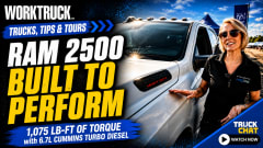 Promotional graphic for a Work Truck “Trucks, Tips & Tours” video featuring a white Ram 2500 Heavy Duty pickup and a woman presenter, with text highlighting “Built to Perform” and 1,075 lb-ft of torque from a 6.7L Cummins turbo diesel.