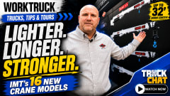 Promotional graphic for a Work Truck “Trucks, Tips & Tours” video featuring an IMT representative and several crane models, highlighting “Lighter. Longer. Stronger.” and IMT’s 16 new crane models with boom lengths up to 32 feet.