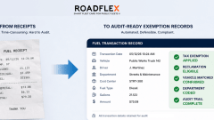Infographic from RoadFlex showing the transition from a paper fuel receipt to a digital fuel transaction record, highlighting automated tax-exemption tracking, vehicle matching, department coding, audit trail completion, and audit-ready compliance for public fleet fuel purchases.
