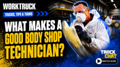 Promotional graphic for a Work Truck “Trucks, Tips & Tours” video featuring a body shop technician in protective gear polishing a vehicle panel, with bold text asking, “What Makes a Good Body Shop Technician?” and a Truck Chat watch prompt.
