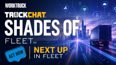 Graphic for Work Truck's TruckChat Shades of Fleet series titled "Next Up in Fleet." A commercial truck drives toward a futuristic city skyline with digital technology icons, connected vehicle imagery, and blue light trails representing innovation and the future of fleet.
