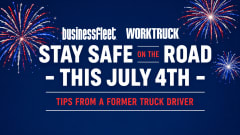 Graphic featuring fireworks on a blue background with the headline "Stay Safe on the Road This July 4th" and the subheading "Tips From a Former Truck Driver." The image promotes road safety during holiday travel and accompanies advice on avoiding truck blind spots, passing safely, leaving adequate space around trucks, and planning travel during busy traffic periods.
