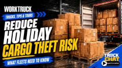 Promotional graphic for a Work Truck Truck Chat Video episode about cargo security. Stacks of shipping boxes and an open cargo container fill a warehouse scene beside bold text: “Reduce Holiday Cargo Theft Risk” and “What Fleets Need to Know.”
