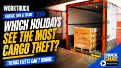 Promotional graphic for a Work Truck Truck Chat video about cargo theft trends. An open box truck contains a pallet of boxed freight beside bold text asking, “Which Holidays See the Most Cargo Theft?” with a “Watch Now” callout.