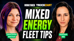 YouTube thumbnail featuring Lauren Fletcher of Work Truck on the left and Sarah Booth of WEX on the right. Large text in the center reads "Mixed Energy Fleet Tips" with "Energy" highlighted in bright green against a dark blue background. Work Truck and TruckChat logos appear at the top, with speaker name labels at the bottom.