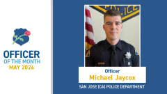 Graphic recognizing Officer Michael Jaycox of the San Jose (CA) Police Department as Officer of the Month for May 2026, featuring his uniformed portrait beside a badge-and-rose emblem.