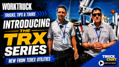Work Truck “Trucks, Tips & Tours” thumbnail featuring two Terex Utilities representatives beside a Terex TRX Series bucket truck, with the headline “Introducing the TRX Series” and subhead “New from Terex Utilities.”