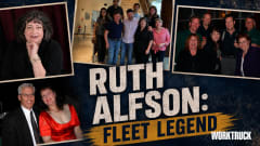 Collage featuring four photos of Fleet Legend Ruth Alfson throughout her career and personal life, including a professional portrait, industry group photos, and a formal event photo, with the title "Ruth Alfson: Fleet Legend" centered over a textured blue background.